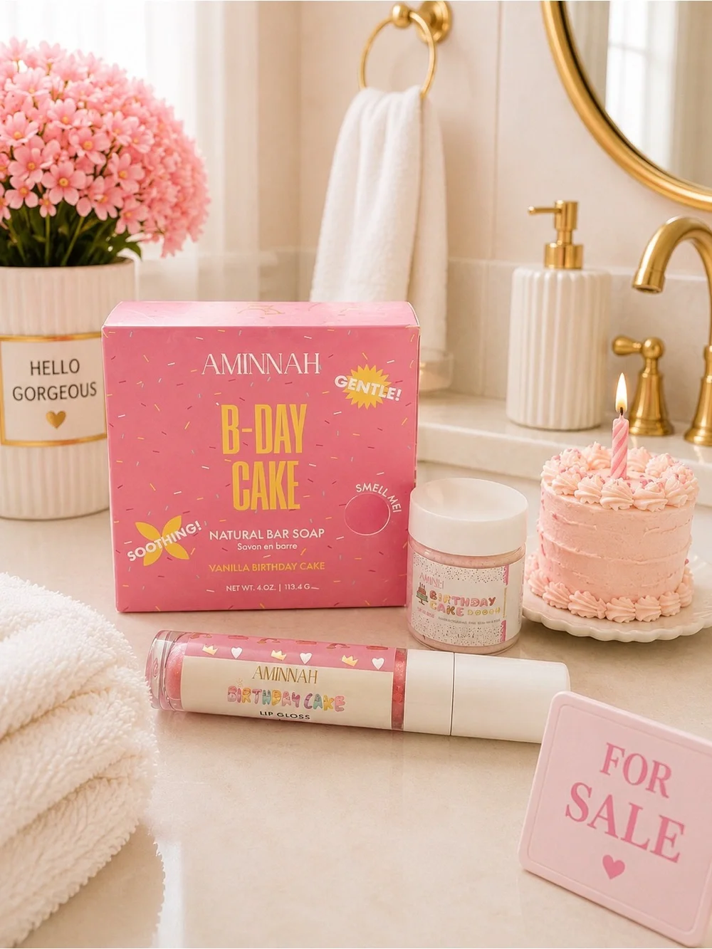 Aminnah B-Day Cake Vanilla Birthday Cake Bar Soap, Lip scrub and Lip oil